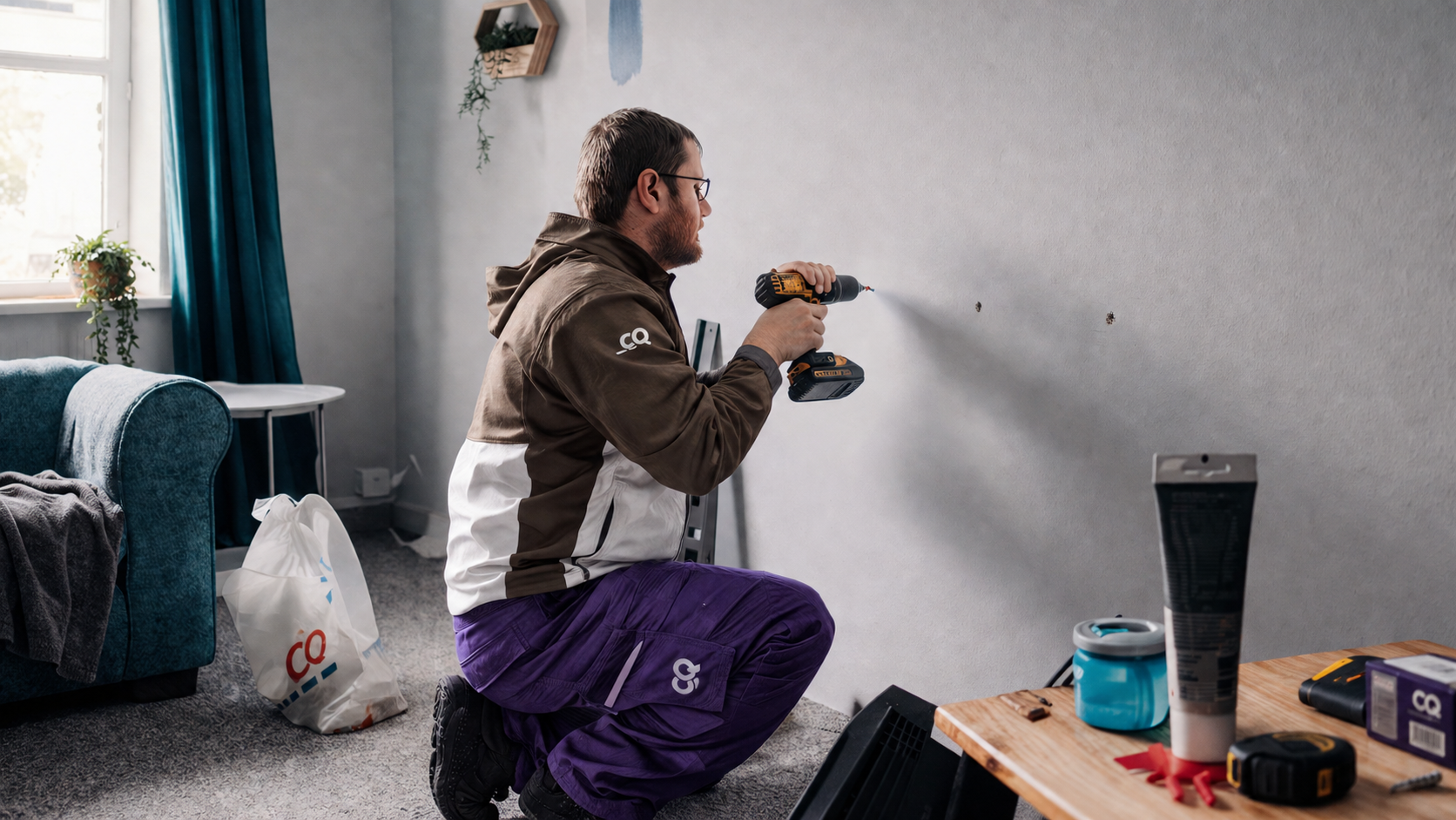 Installer drilling a hole for a wall plug in a living-room wall