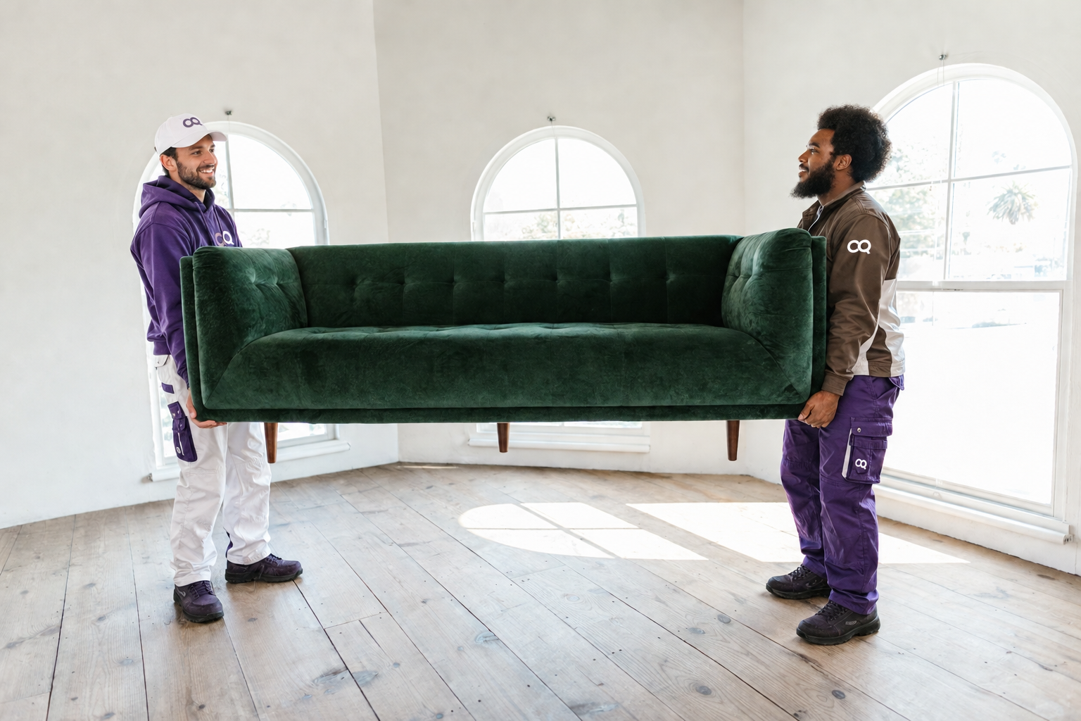 Two installers carrying a sofa through an empty flat